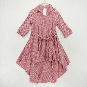 NEW Hot & Delicious Burgundy Plaid Asymmetric Ruffle Waist Tie Shirt Dress P4674